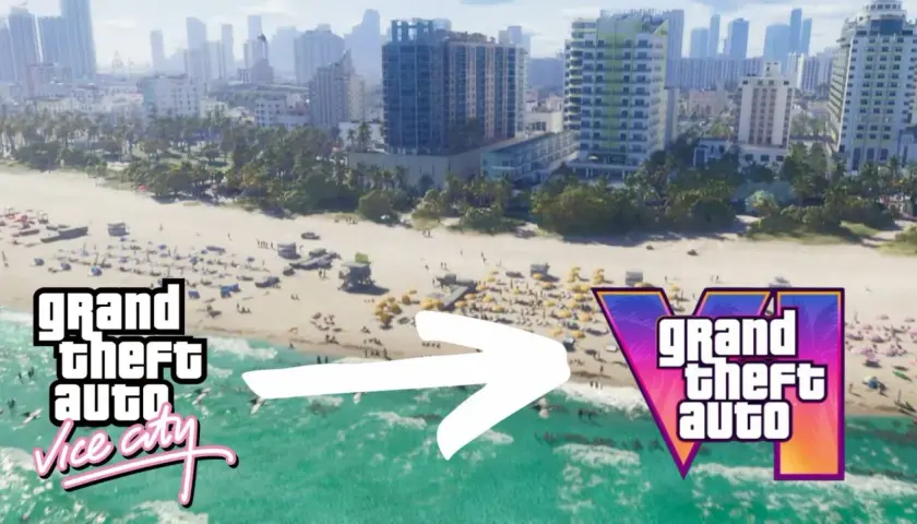 Plaża w Vice City, z tłumem ludzi i budynkami w tle, przechodzi w logo Grand Theft Auto VI.