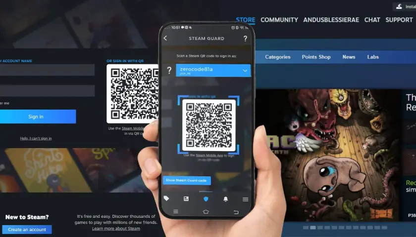Dłoń trzyma smartfon z kodem QR Steam Guard obok okna logowania Steam.