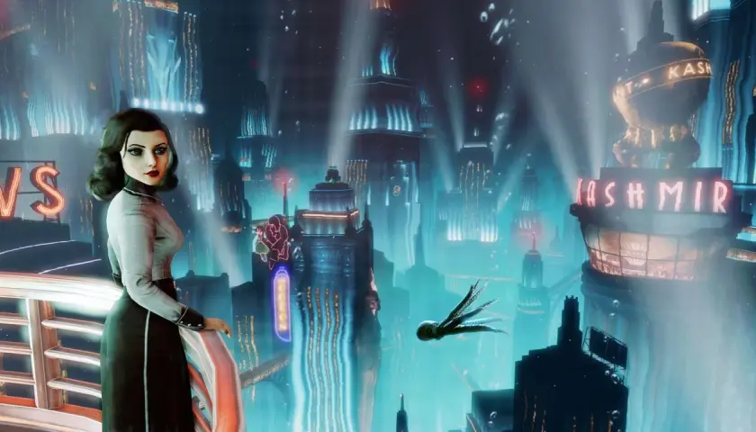 Elizabeth wpatruje się w neonowe miasto, które mogłoby być tłem dla **Bioshock 4**. W oddali widać latającą ośmiornicę.