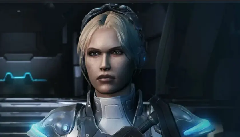 Zimna wojowniczka w zbroi, gotowa do walki w Starcraft 3.