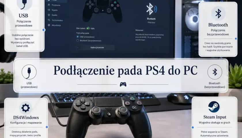 Podłączanie pada PS4 do PC przez USB lub Bluetooth. DS4Windows pozwala na pełną konfigurację i mapowanie przycisków.