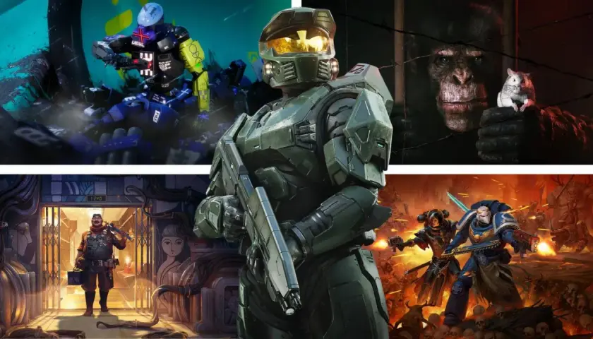 Kolaż z grafikami z gier: Master Chief, małpa z chomikiem, żołnierz w steampunkowym klimacie i wojownicy z Warhammera. Idealne dla fanów gry strzelanki za darmo.