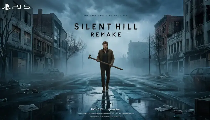 Mroczna ulica w Silent Hill, zniszczone budynki, wrak samochodu i mężczyzna z rurą. Zapowiedź Silent Hill 1 remake na PS5.