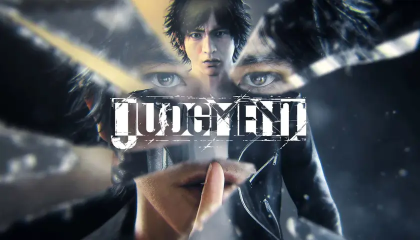 Twarz mężczyzny, jego oczy i palec na ustach sugerują tajemnicę i **judgement**. Logo gry "Judgment" w centrum.