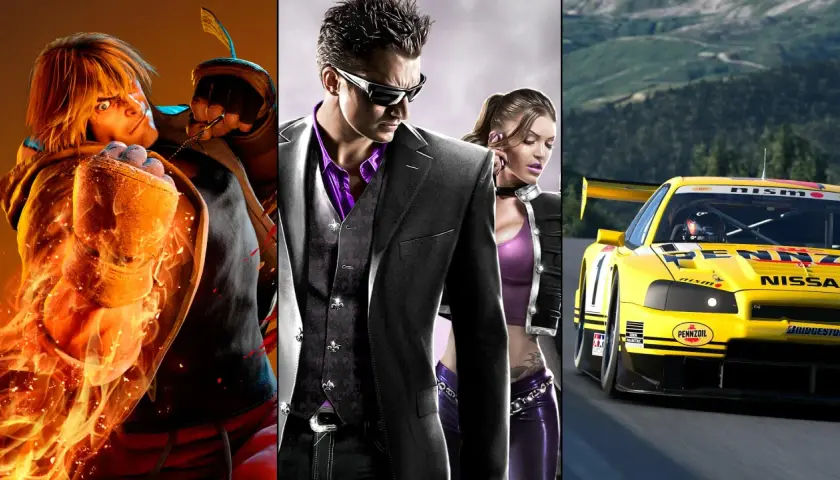 Trzy sceny z gier: płonący wojownik, para w stylu Saints Row i żółty samochód wyścigowy. Idealne gry na PS5 dla dwojga.