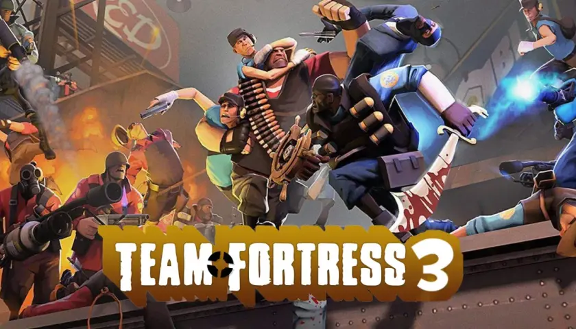 Dynamiczna scena z gry **Team Fortress 3**, gdzie postacie walczą w chaotycznym starciu, z wybuchami i laserami.