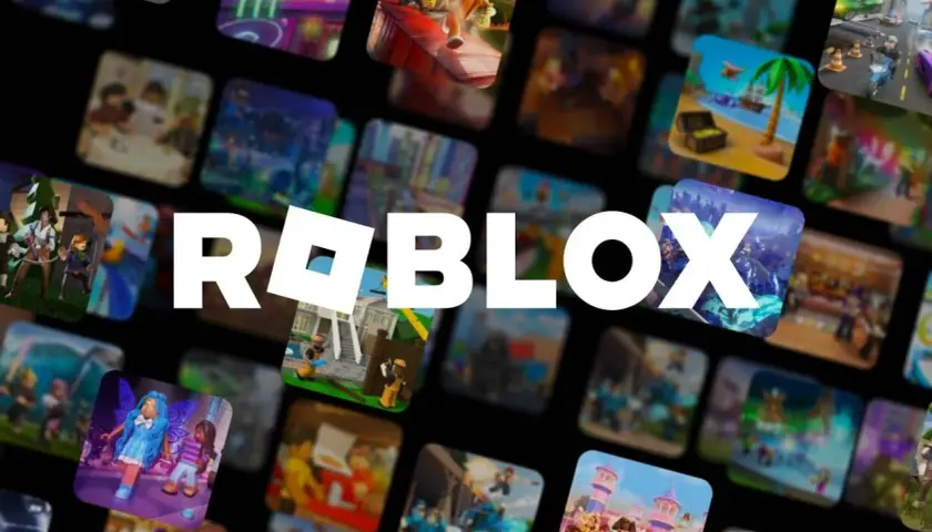 Logo Roblox otoczone mozaiką z miniaturkami fajne gry na roblox. Widać różne światy i postacie z gier.