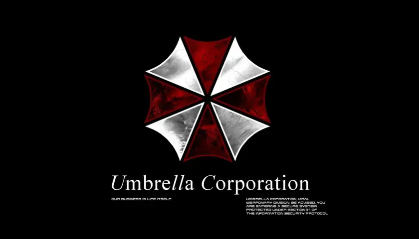 Logo Umbrella Corporation z napisem "Our business is life itself." i ostrzeżeniem o systemie bezpieczeństwa.