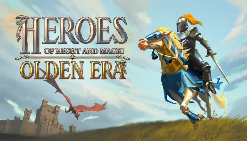 Rycerz na koniu, smok i zamek. Tytuł gry "Heroes of Might and Magic: Olden Era" zapowiada epickie przygody.