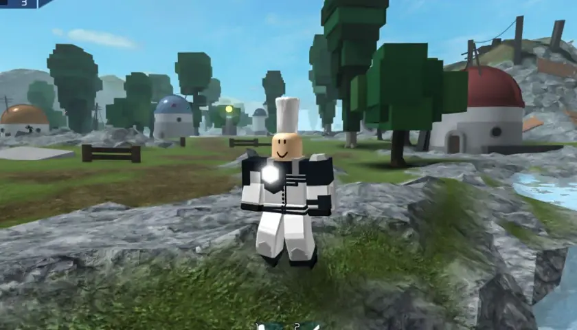 Postać w grze Roblox, która wygląda jak żołnierz, stoi na tle krajobrazu z budynkami i drzewami. Od ilu lat można grać w Roblox? Od 7 lat.