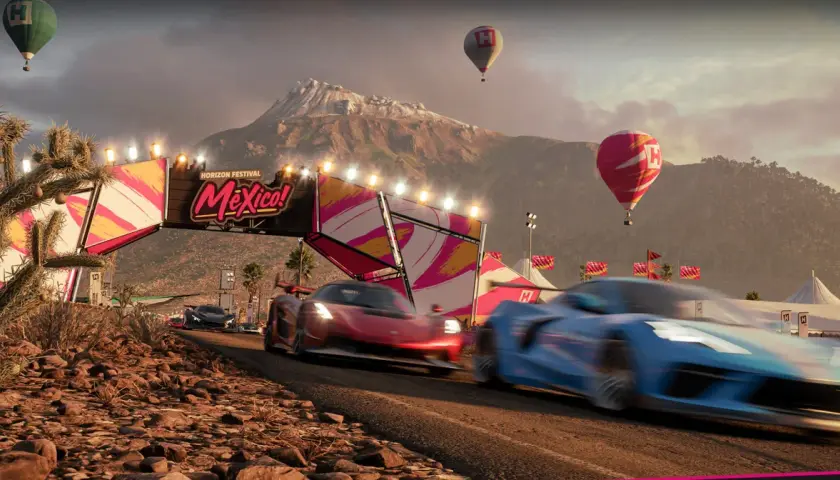 Wyścigowe samochody pędzą pod bramą Horizon Festival w Meksyku. Sprawdź forza horizon 5 wymagania, by dołączyć do zabawy!