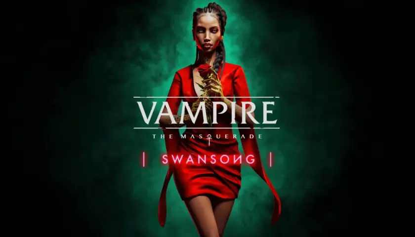 Kobieta w czerwonej sukience trzyma złotą różę. Napis "Vampire The Masquerade Swansong" sugeruje mroczny świat gry.