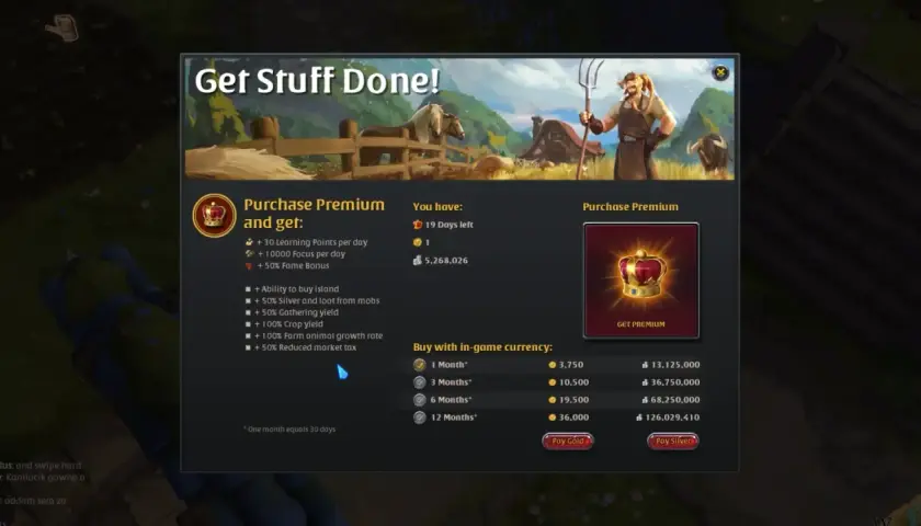Albion: co to? Okno zakupu premium w grze, z listą bonusów i cenami w walucie gry.