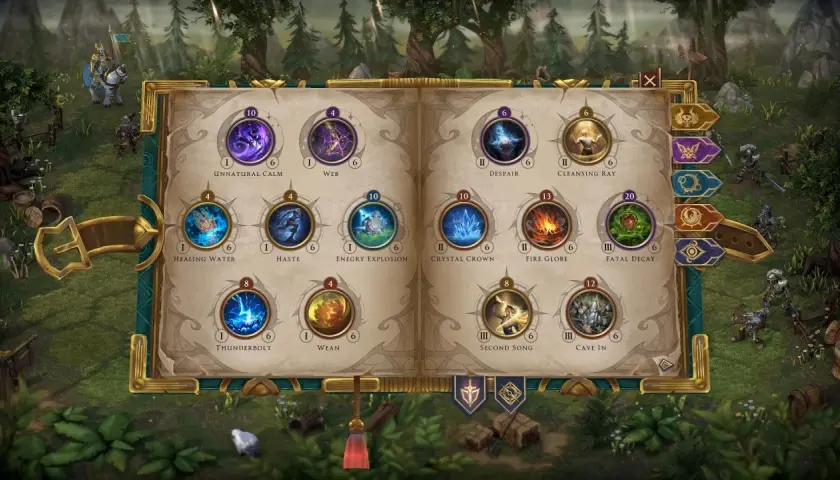 Menu umiejętności z gry heroes 8: Unnatural Calm, Web, Despair, Cleansing Ray, Healing Water, Haste, Energy Explosion, Crystal Crown, Fire Globe, Fatal Decay, Thunderbolt, Wean, Second Song, Cave In.