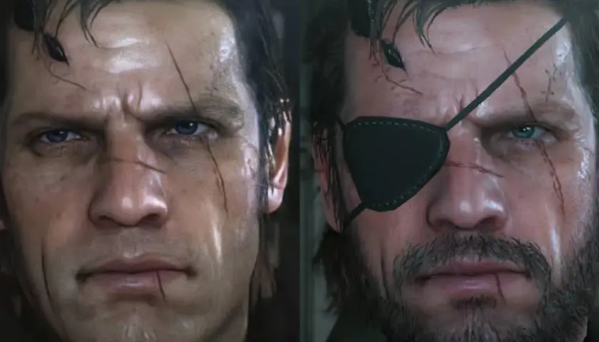 Dwa zbliżenia twarzy, po lewej bez opaski na oko, po prawej z opaską. Obaj wyglądają jak Venom Snake, z bliznami i zmęczonym wyrazem.