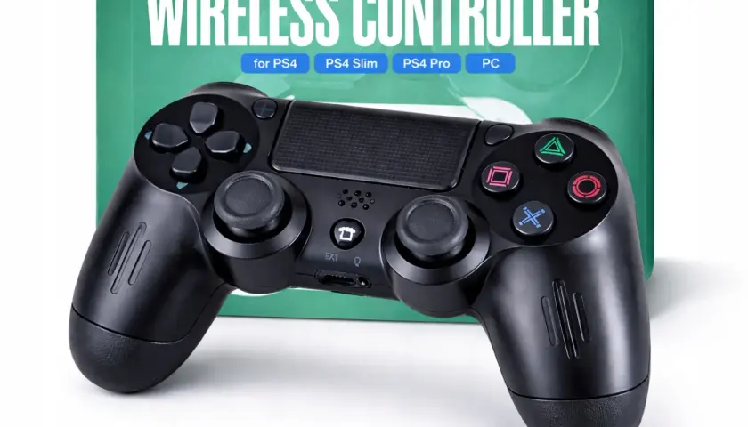 Czarny kontroler bezprzewodowy, kompatybilny z PS4, PS4 Slim, PS4 Pro i PC. Dowiedz się, jak podłączyć pada PS4 do PC.