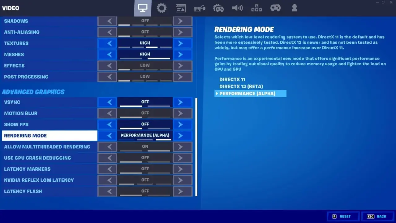 Ustawienia graficzne Fortnite: tryb renderowania DirectX 12 (Beta) Performance (Alpha) dla lepszej wydajności. Sprawdź Fortnite wymagania.