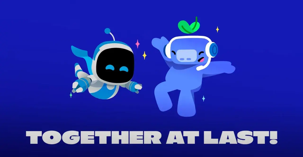 Astro Bot i niebieski stworek z Discorda świętują razem, gotowi na wspólne granie na PS5.