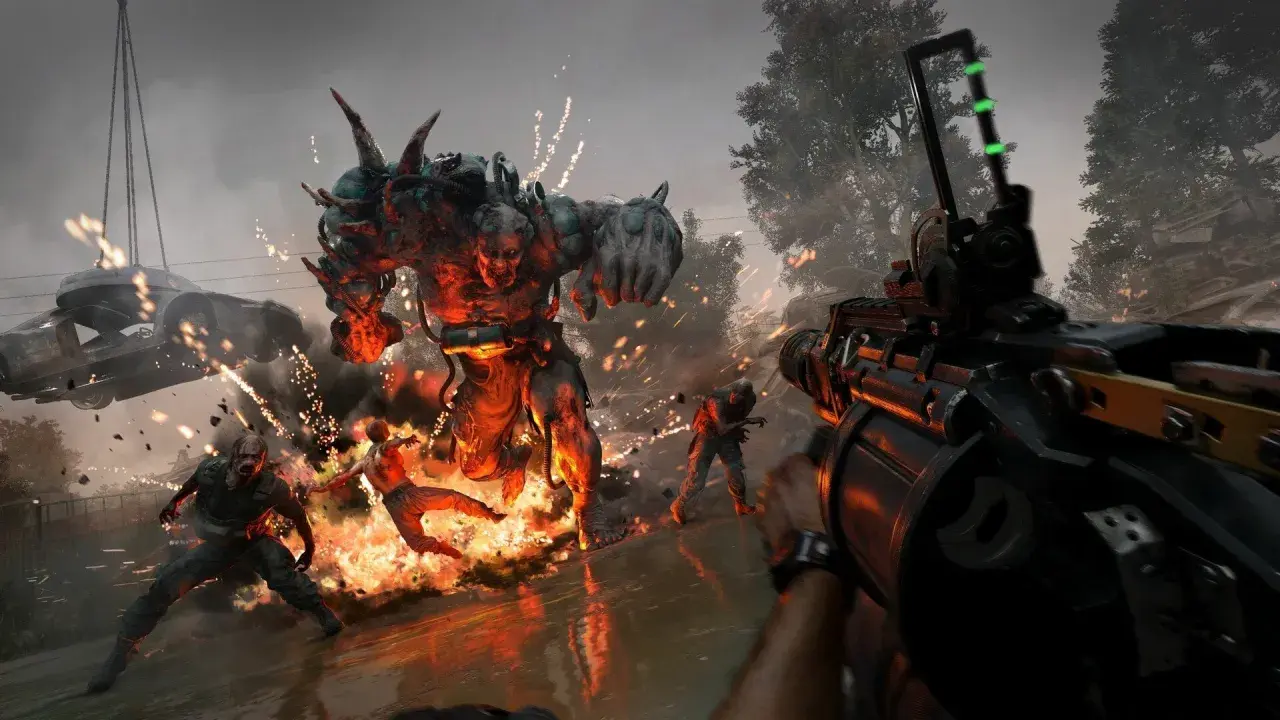 Gracz celuje z broni w potężnego potwora w płomieniach, walcząc z zombie. To scena z gry Dying Light The Beast, gdzie wymagania sprzętowe są kluczowe.