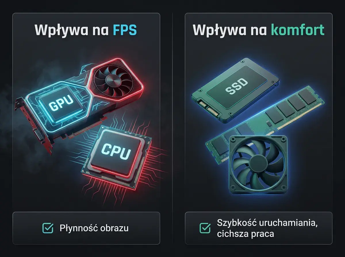 Karta graficzna i procesor wpływają na FPS w grach. Dysk SSD i RAM zapewniają komfort i szybkość.