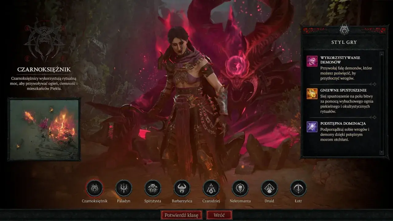 Czarnoksiężniczka z Diablo 4 Sezon 10, otoczona piekielnym ogniem i demonami, gotowa do rytualnej walki.
