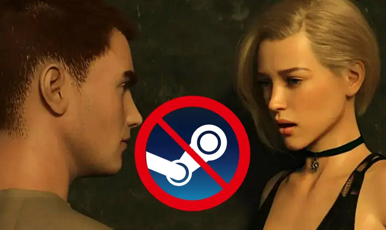 Para, która patrzy na siebie, z przekreślonym logo Steam. To gra bez litości, której nie znajdziesz na tej platformie.