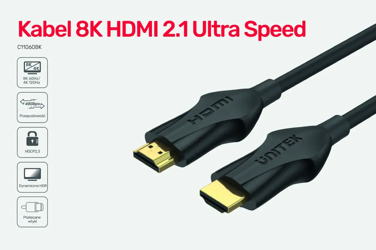 Kabel 8K HDMI 2.1 Ultra Speed z przepustowością 48 Gbps, obsługujący 8K 60Hz i 4K 120Hz.