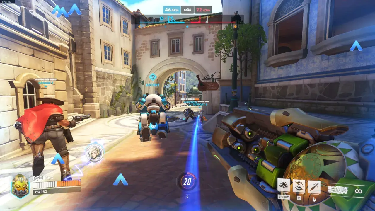 Gra Overwatch w akcji, widok z perspektywy gracza. Na ekranie widać postacie, interfejs gry i elementy otoczenia. Sprawdź wymagania Overwatch, by cieszyć się rozgrywką.