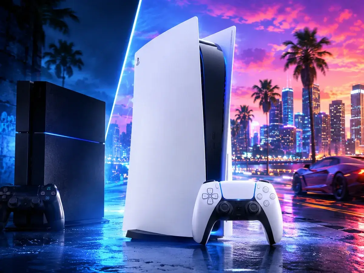 PlayStation 4 i 5 obok siebie, z neonowym miastem w tle. Czy GTA 6 będzie na PS4?