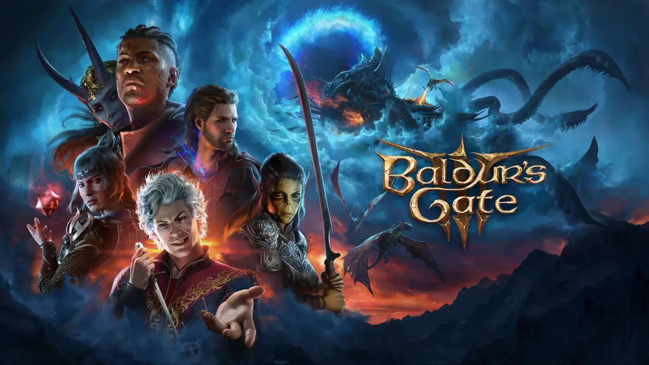 Postacie z Baldur's Gate 3 na tle dramatycznego nieba z smokami. Sprawdź, czy Twój sprzęt spełnia wymagania gry!