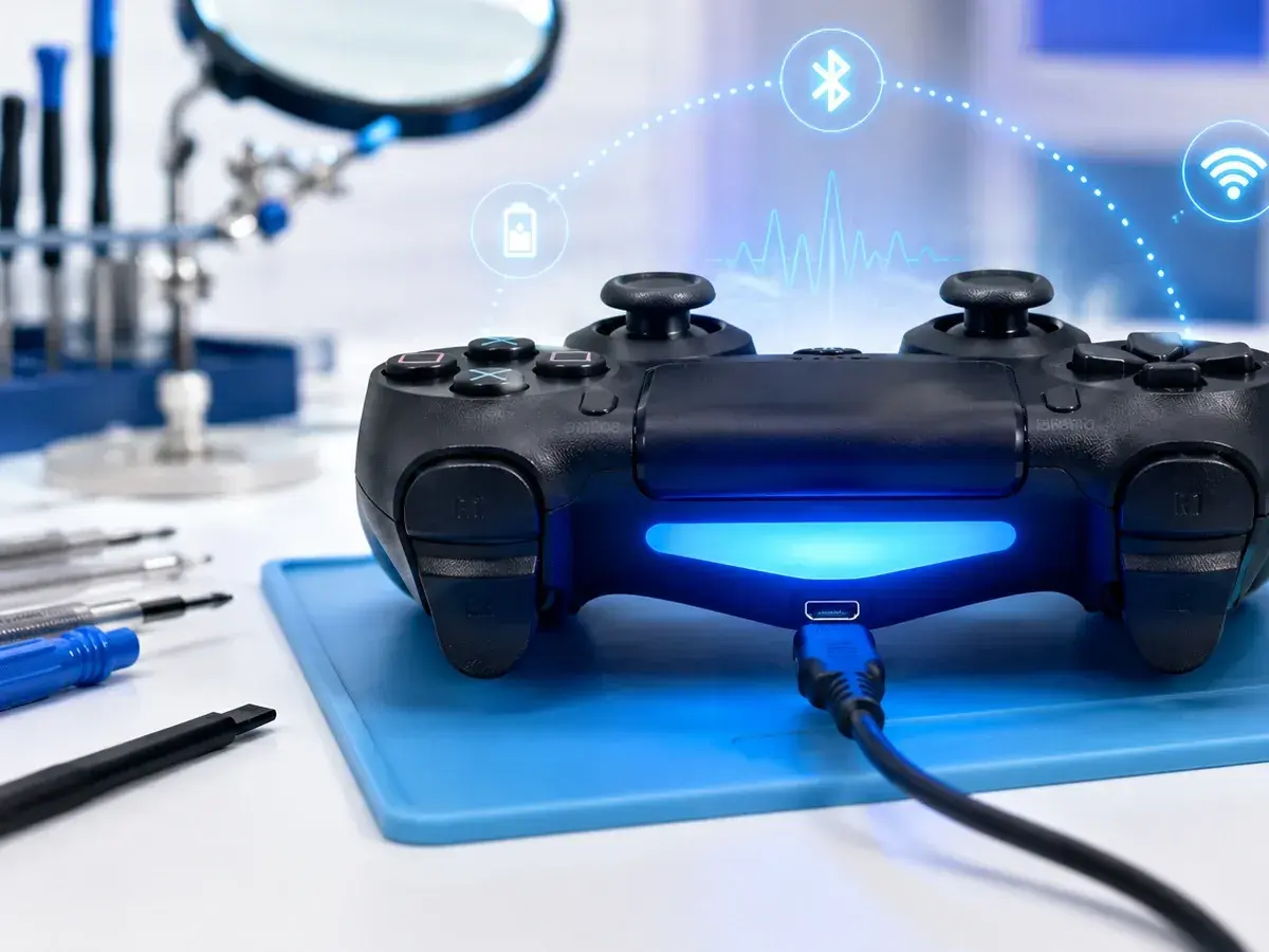 Jak podłączyć pada do PS4? Widok pada z podłączonym kablem USB, w tle narzędzia i ikony Bluetooth, Wi-Fi, baterii.