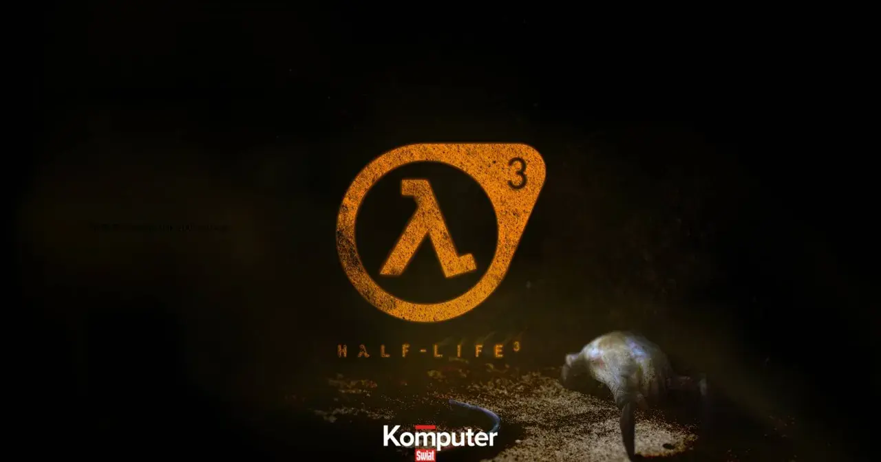 Pomarańczowe logo Half-Life 3 na ciemnym tle. W tle widać martwego Stridera.