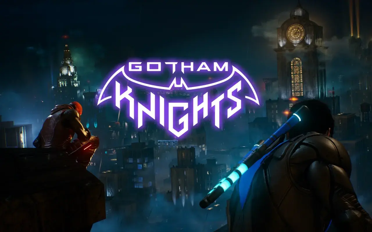 Rycerze Gotham czuwają nad miastem. Dwóch bohaterów na dachu, w tle neonowy napis "Gotham Knights" i mroczna panorama miasta.