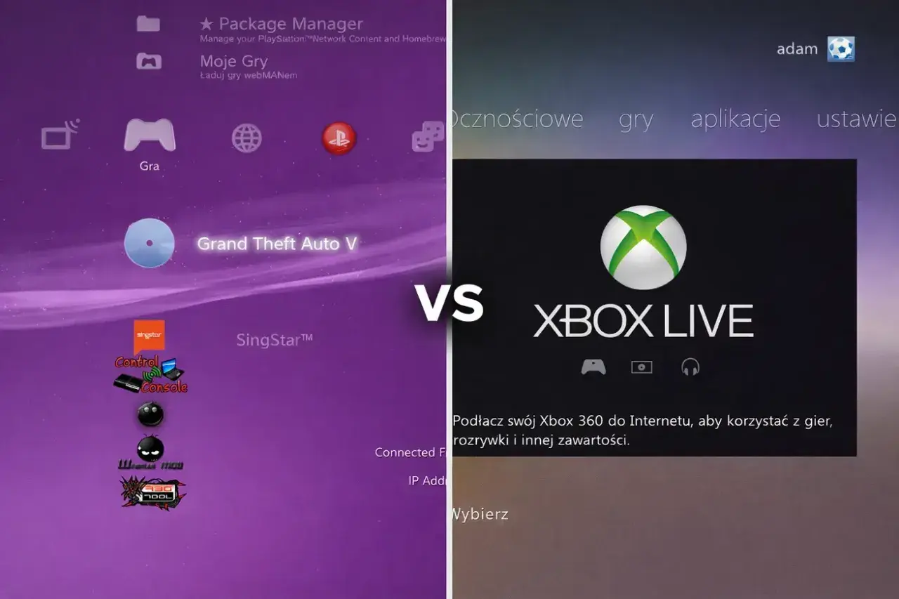 Porównanie interfejsów PS3 i Xbox 360. Zastanawiasz się, jak pobrać gry na Xbox 360 za darmo? Ten obrazek pokazuje menu obu konsol.