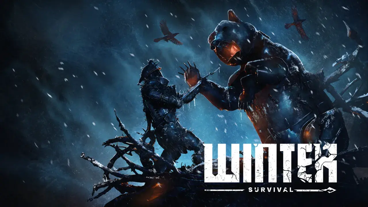 Zimowy niedźwiedź i wojownik walczą w śnieżycy. Grafika promuje grę "Winter Survival" od Drago Entertainment.