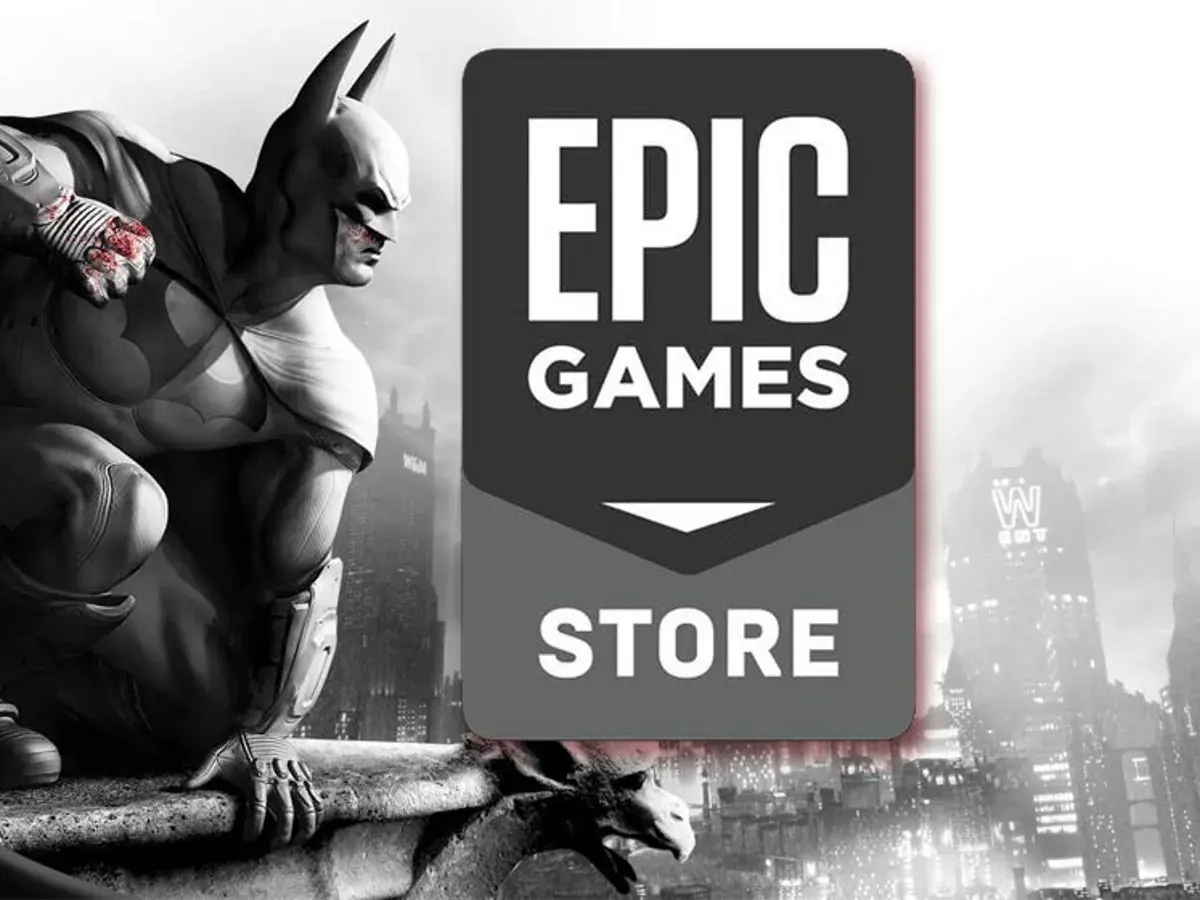 Batman na dachu, obok logo Epic Games Store. Sprawdź, jakie **epic games darmowe gry** czekają na Ciebie!