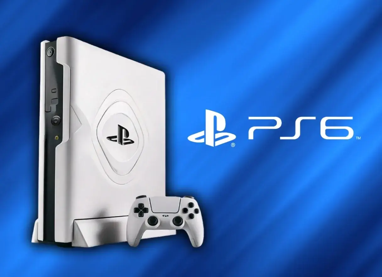 Biała konsola i kontroler PlayStation 6 na niebieskim tle. Marzenie gracza o przyszłości.