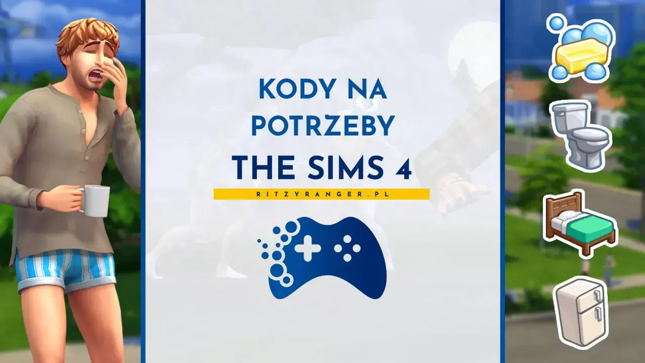 Kody na potrzeby The Sims 4. Zmęczony Sim z kubkiem kawy i ikony potrzeb: higiena, toaleta, sen, lodówka.