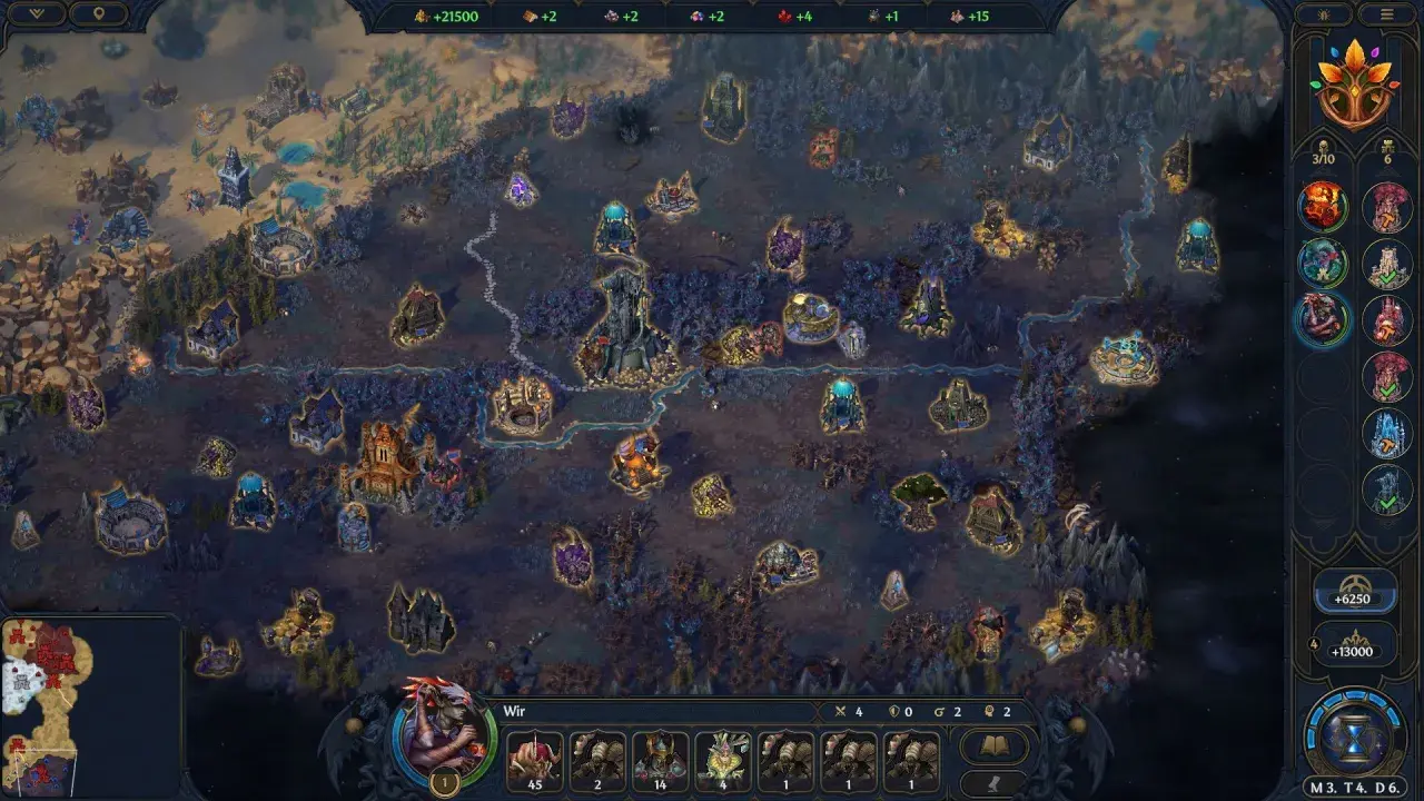 Mapa strategiczna w grze heroes gra, pełna zamków, osad i magicznych budowli. Gracze zarządzają zasobami i armiami.