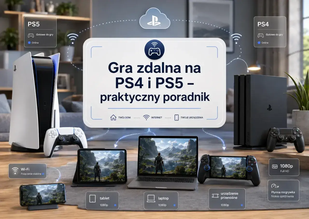 Konsola PS5 i PS4, kontrolery, laptop, tablet i smartfon pokazują możliwości gry zdalnej.