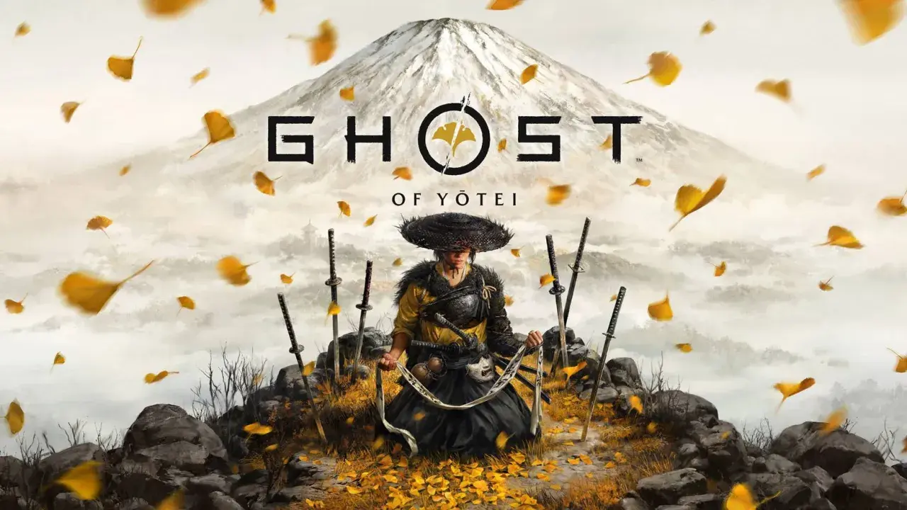 Samuraj w tradycyjnym stroju, otoczony mieczami, na tle gór i spadających liści. Zapowiedź Ghost of Tsushima 2.