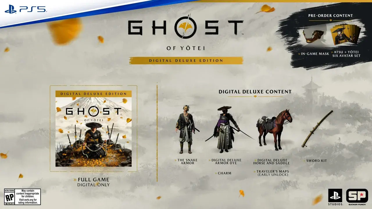 Ghost of Yōtei PC Digital Deluxe Edition: zbroja, koń, mapa, maska i zestaw awatarów.