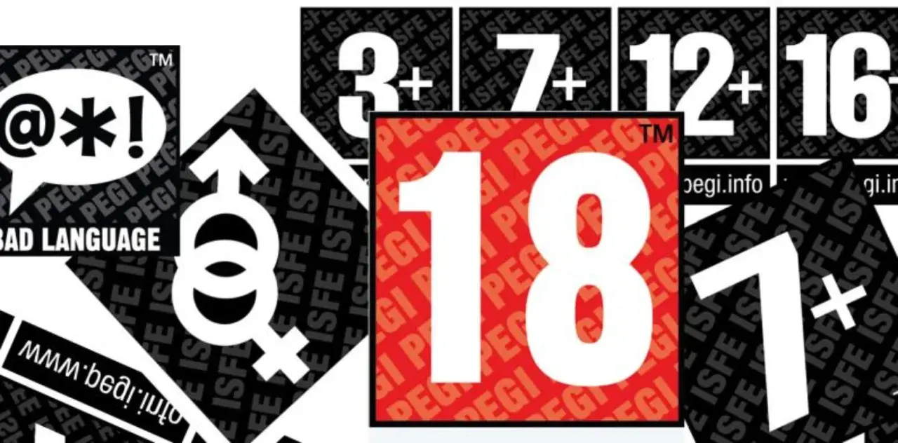 Kolaż z symbolami PEGI: @*! (wulgaryzmy), symbole płci, wiek 3+, 7+, 12+, 16+, 18+.