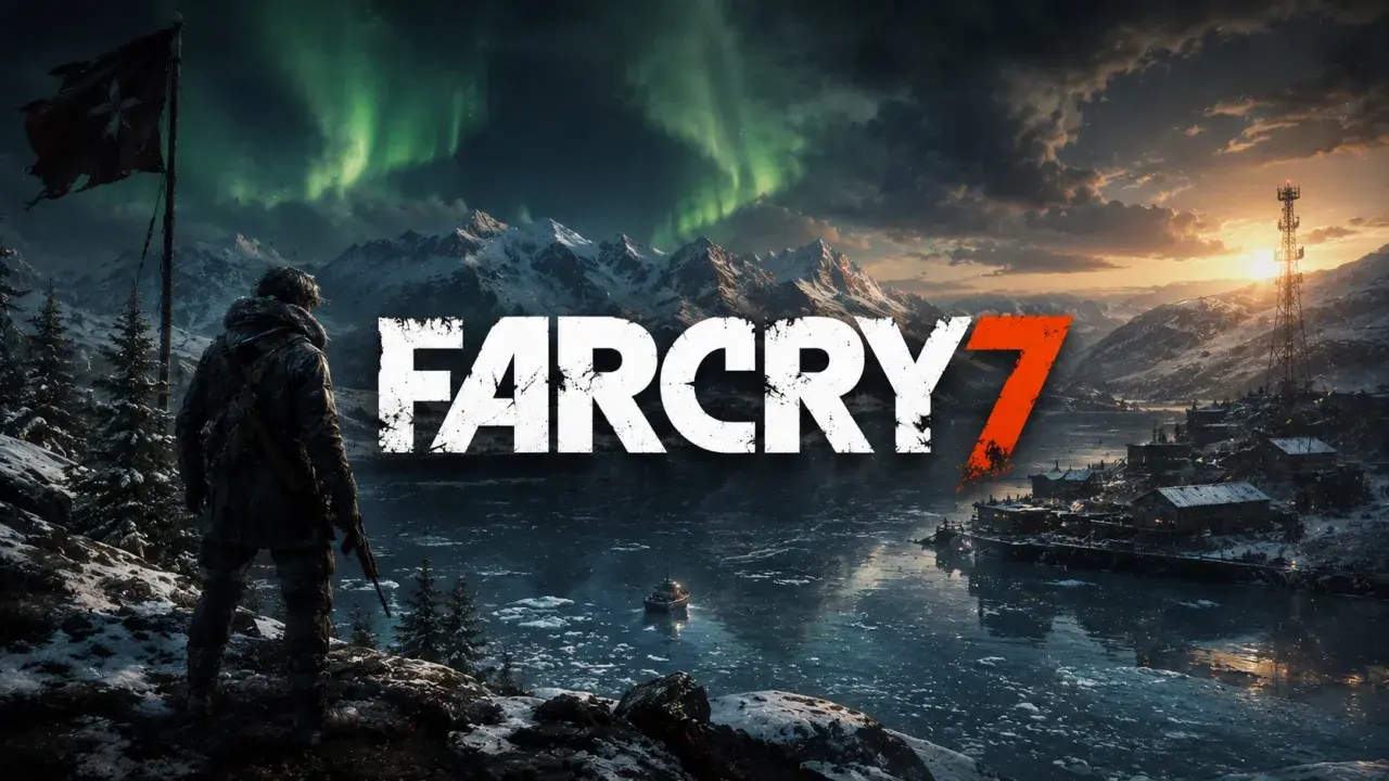 Postać z bronią patrzy na zorzę polarną nad zamarzniętym jeziorem i ośnieżonymi górami. Napis "FAR CRY 7" dominuje w centrum.