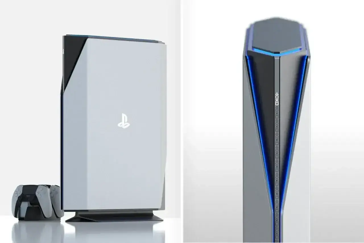 Futurystyczna konsola PlayStation 7 w białej obudowie z niebieskimi akcentami i kontrolerem.