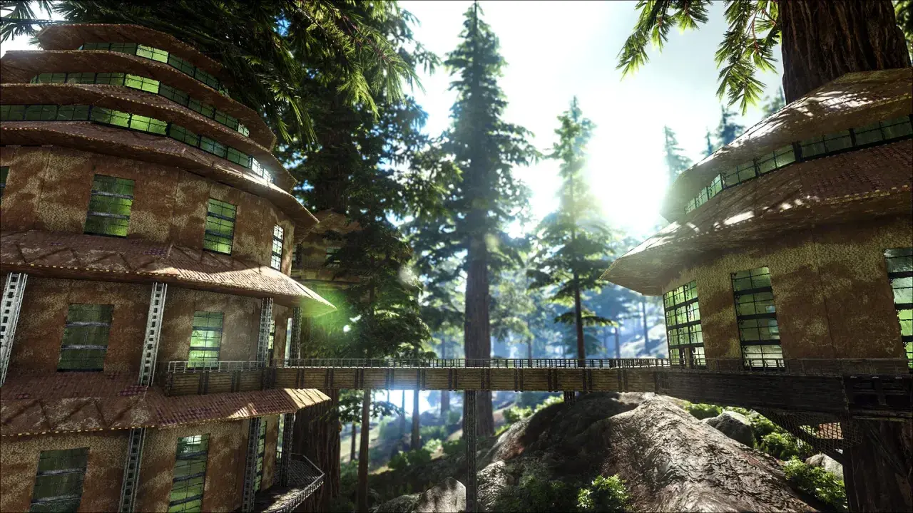 Wysokie, wielopoziomowe budowle w lesie, połączone kładką. Idealne dla graczy spełniających ark survival evolved wymagania.
