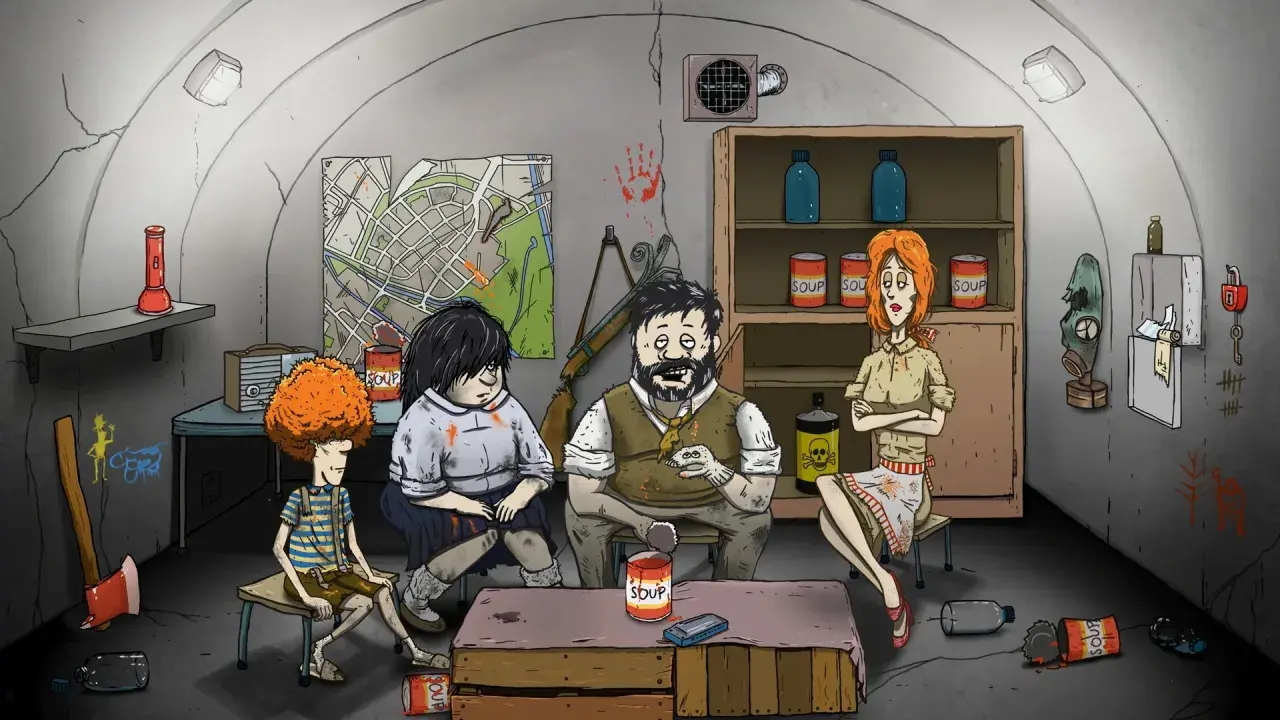 Rodzina w schronie, otoczona zapasami i mapą, przygotowuje się na trudne czasy. Klimat przypomina gry indie o przetrwaniu.