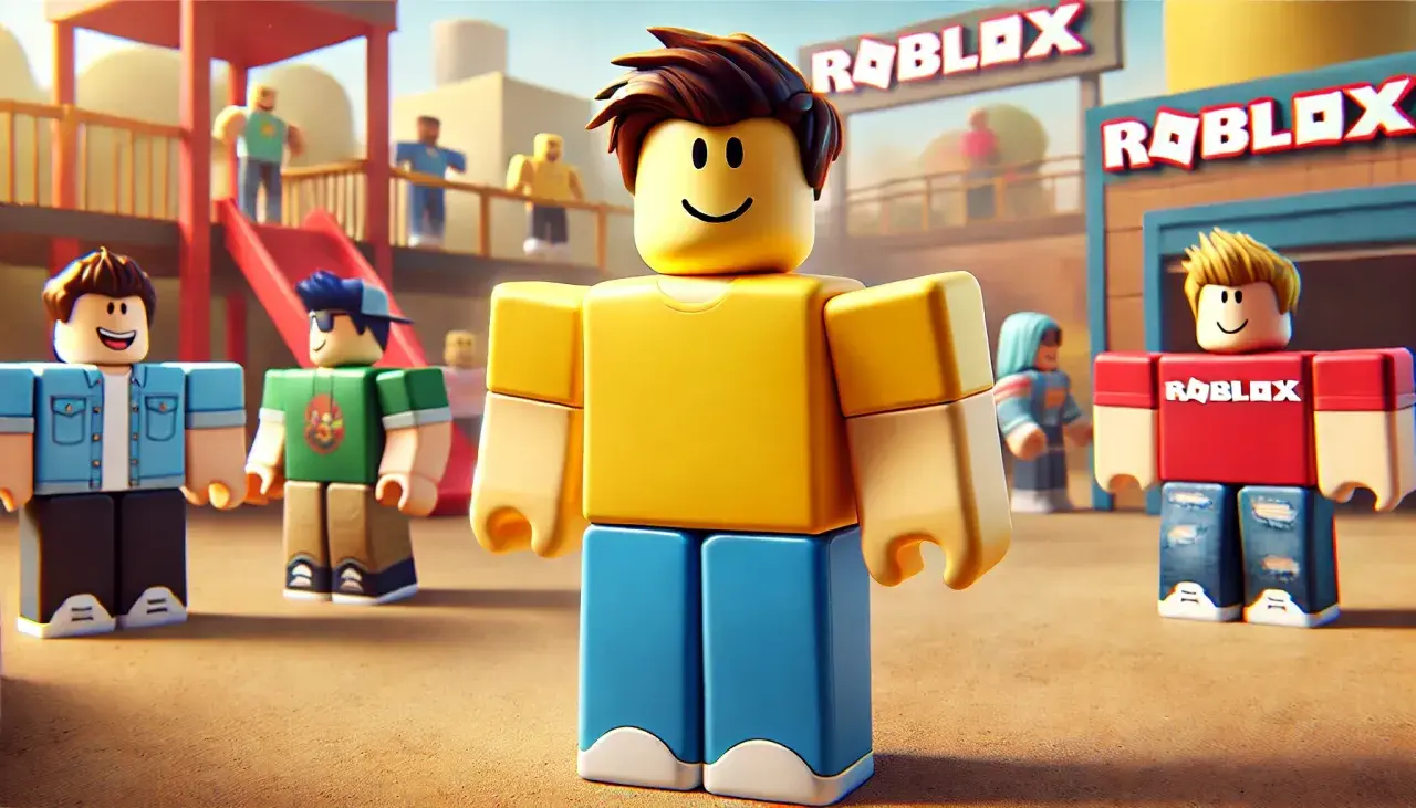 Postacie z Roblox na placu zabaw. Jeden z nich, żółty noob, stoi na pierwszym planie.