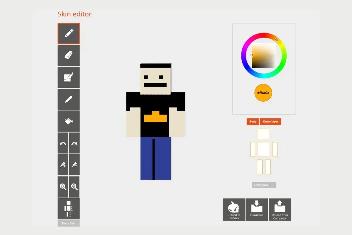 Edytor skórek do Minecraft. Zobacz, jak zmienić skina w Minecraft, korzystając z narzędzi do malowania i wyboru kolorów.