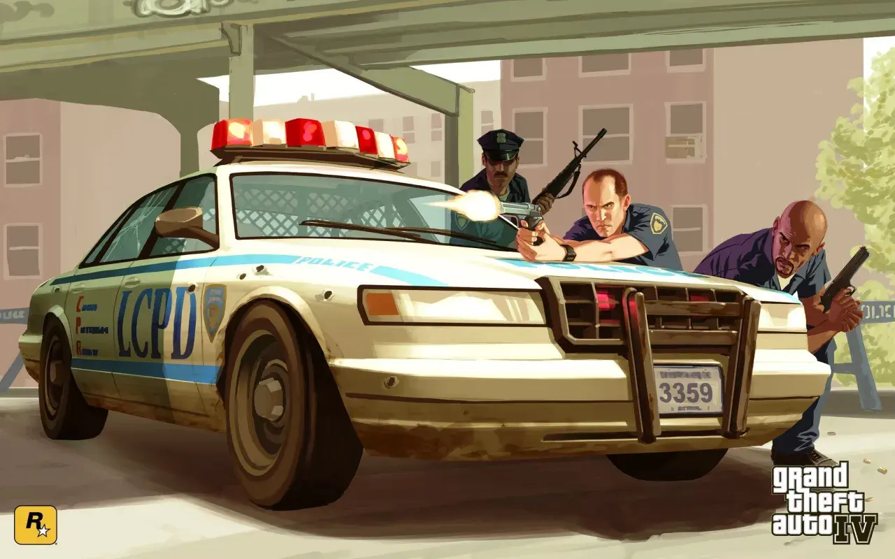 Policjanci z LCPD w akcji, gotowi do strzału. Może szukają sposobu na **GTA 4 kody**?